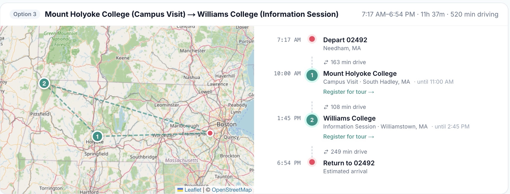 TourStack trip planner showing a one-day itinerary from Mount Holyoke to Williams with drive times, tour windows, and registration links on a map